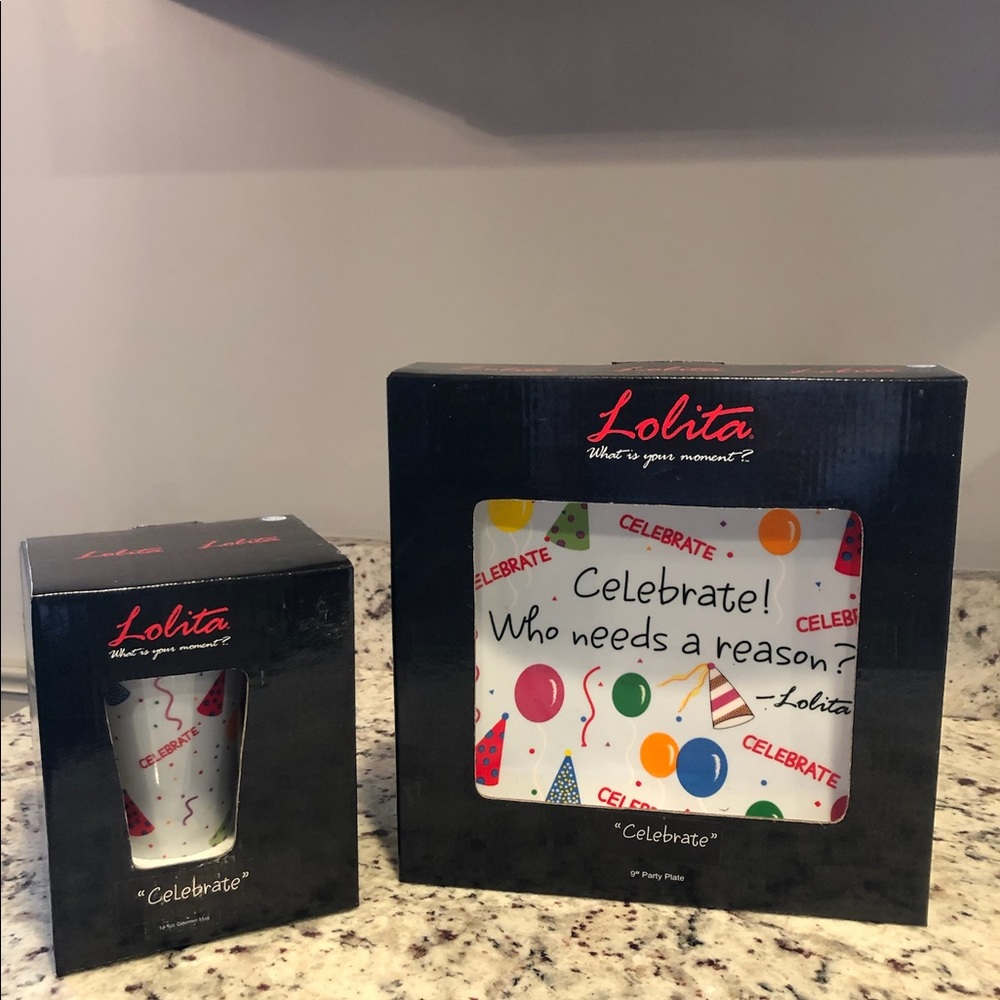Never been used Lolita, “celebrate “ dish set